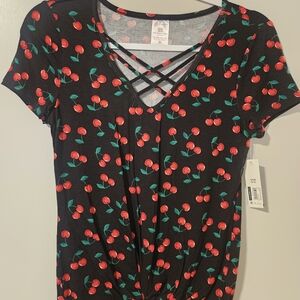 NWT Cherry Retro Cross V Neck Shirt Rockabilly